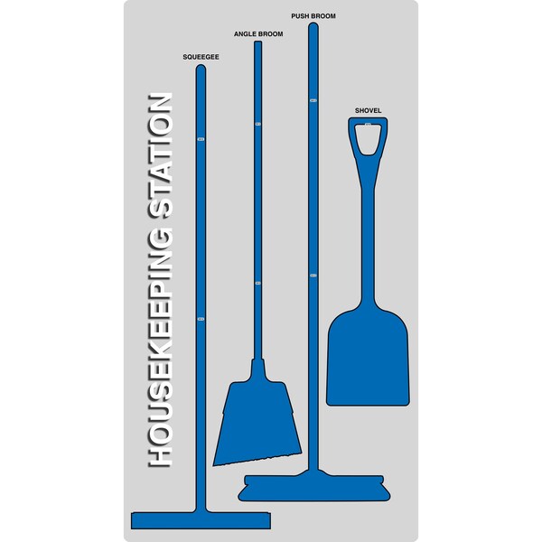 5S Housekeeping Shadow Board Broom Station Version 6 - Gray Board / Blue Shadows No Broom